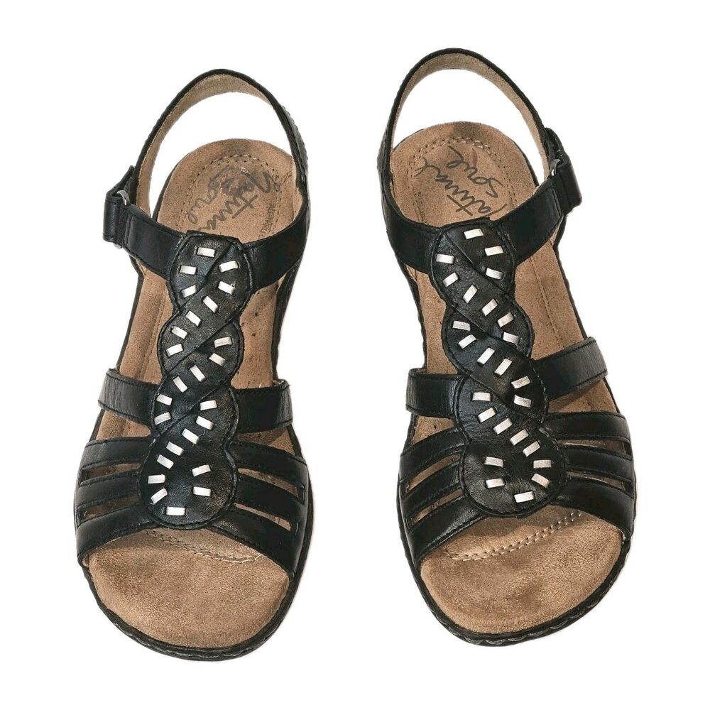 Natural Soul by Naturalizer Belle Sandals Black Leather Beaded T-Strap 7.5 M VGC
